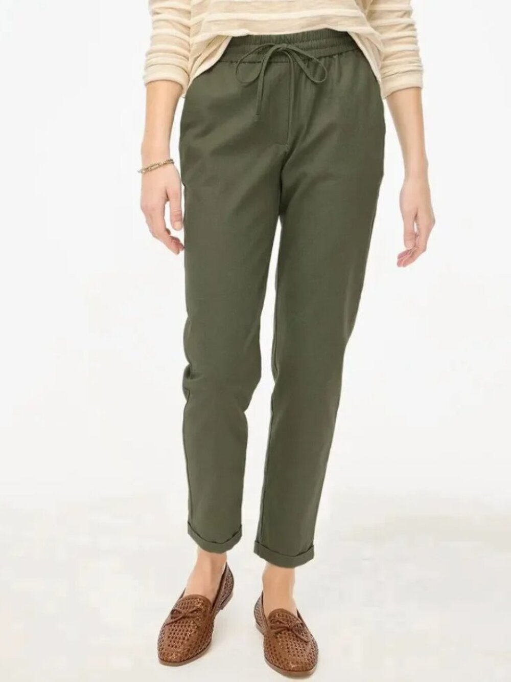 J. Crew Linen-Cotton Blend Drawstring Pant Lightweight Breathable Olive